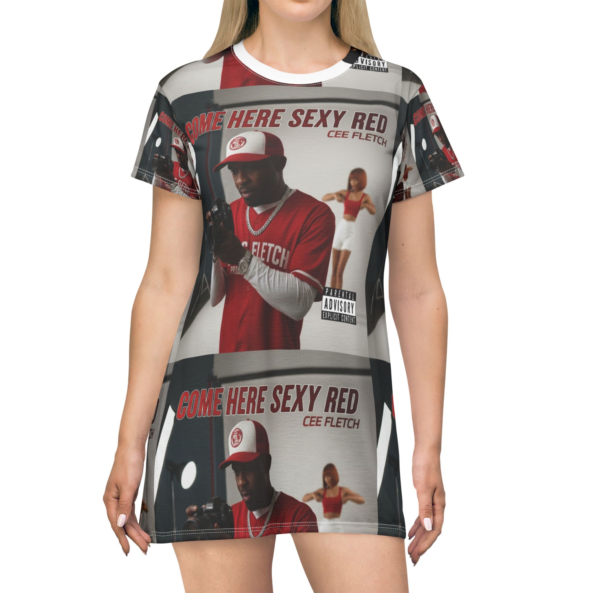 Come Here Sexy Red T-Shirt Dress — All-Over Print Music Album Cover Dress