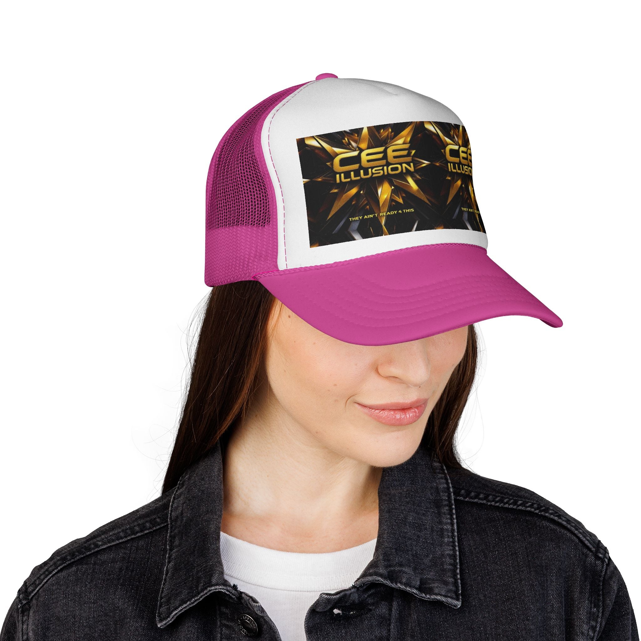 CEE ILLUSION Logo Trucker Cap — Bold Gold Graphic Mesh Hat