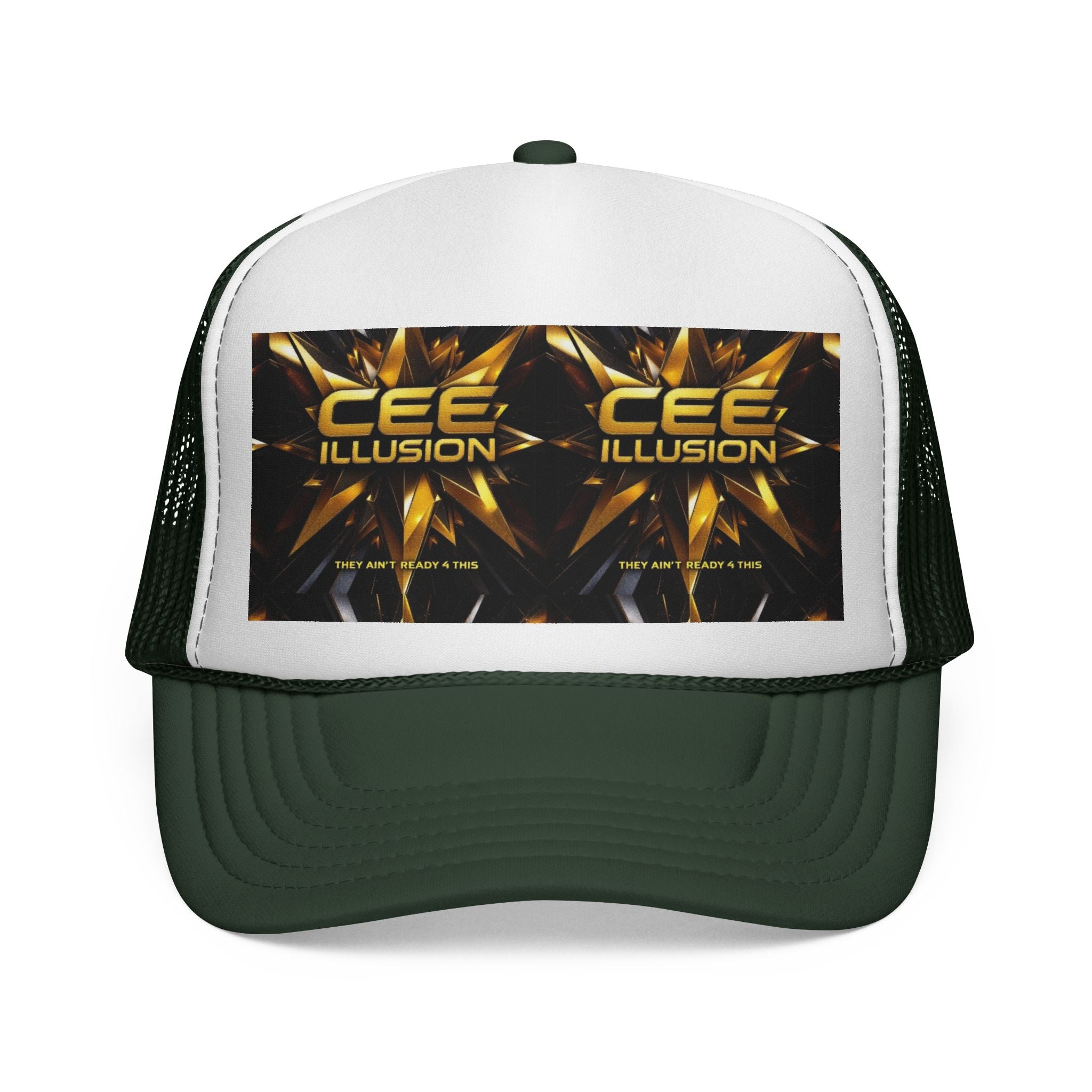 CEE ILLUSION Logo Trucker Cap — Bold Gold Graphic Mesh Hat