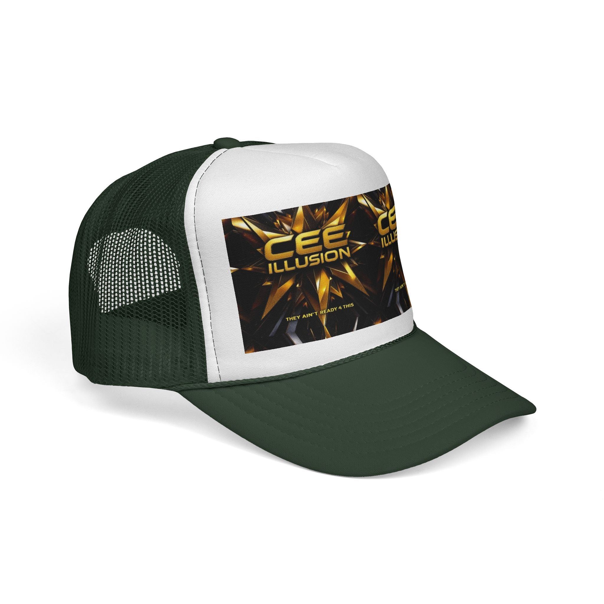 CEE ILLUSION Logo Trucker Cap — Bold Gold Graphic Mesh Hat