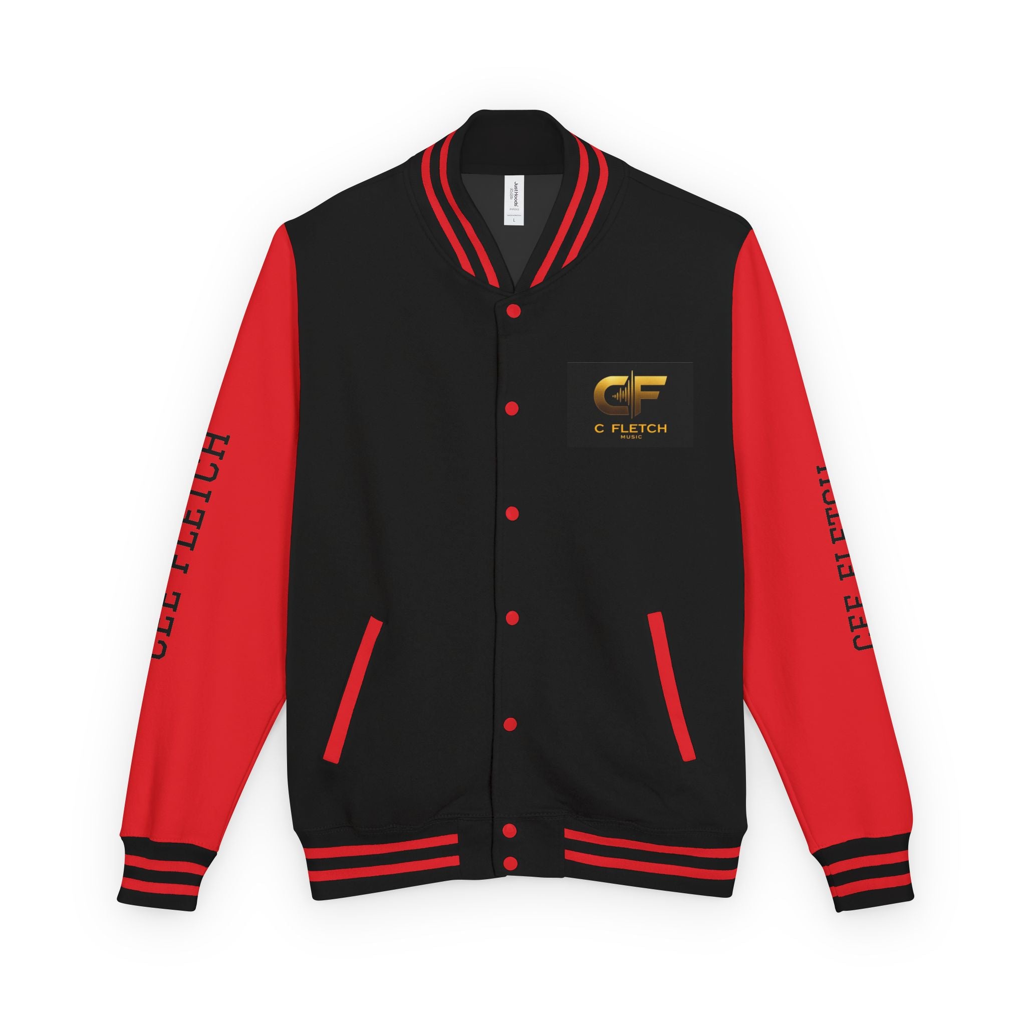 C Fletch Music Letterman Jacket — Red/White Varsity Jacket with Logo