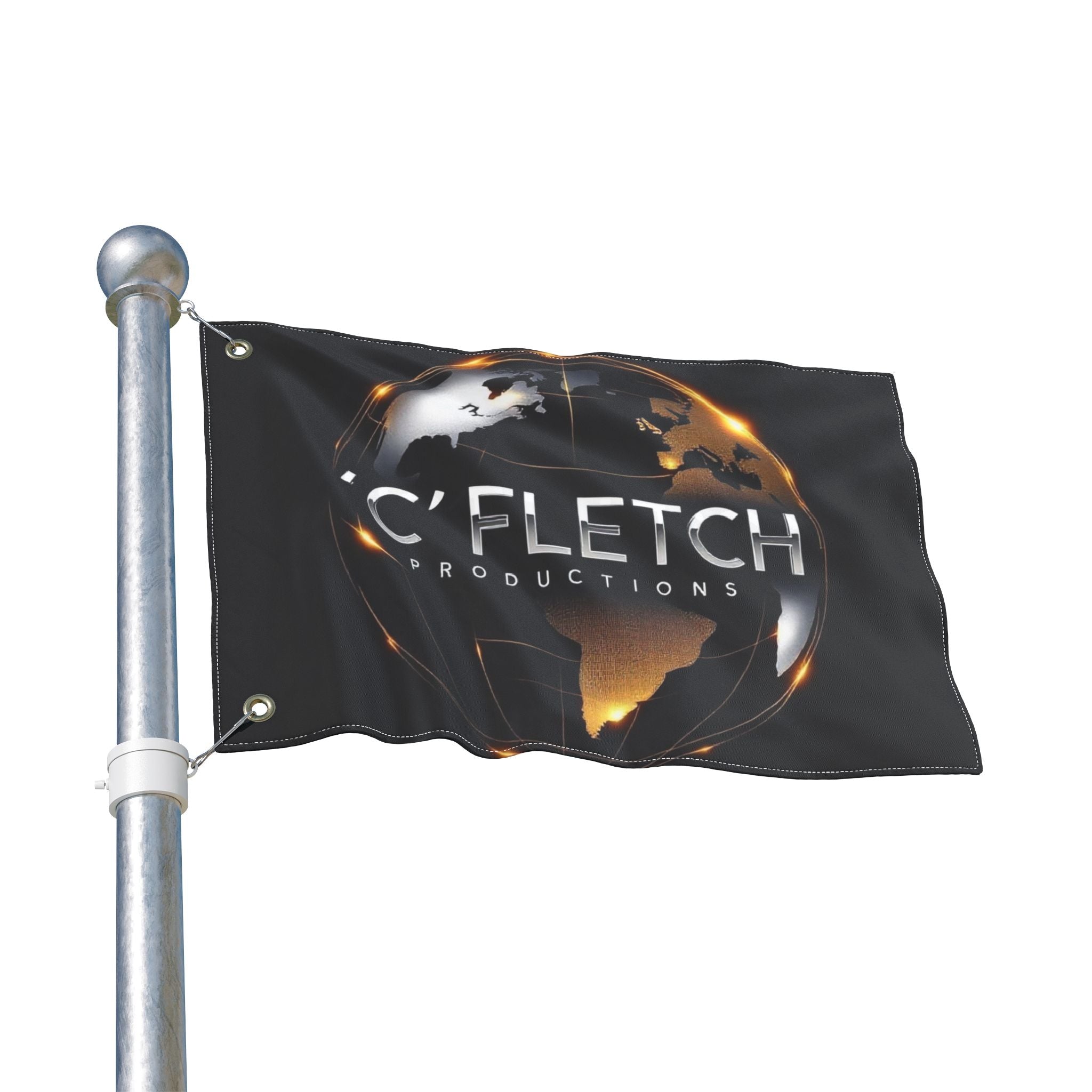 Double-Sided Flag — ‘C’ Fletch Productions Logo Globe Flag (Outdoor/Indoor)
