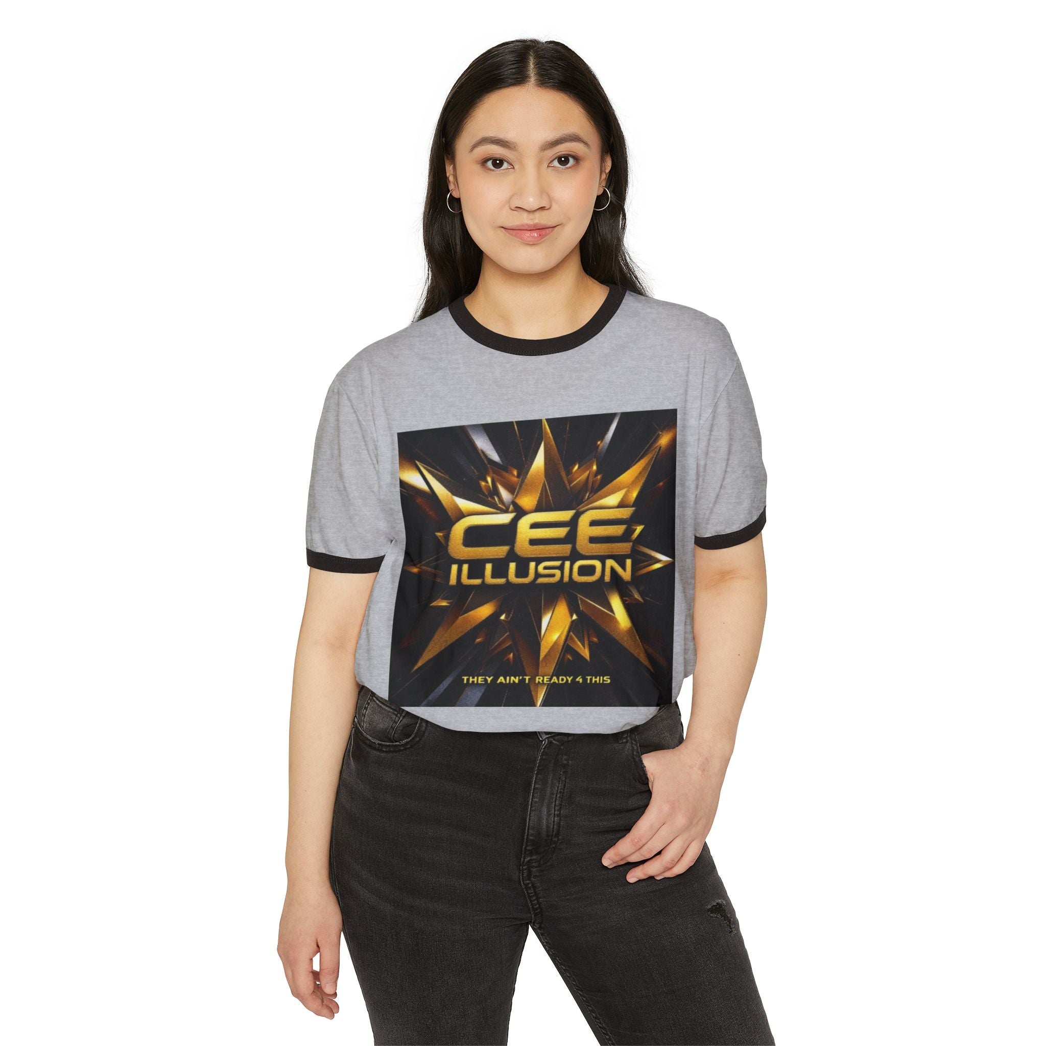 Illusion Logo Ringer T-Shirt — Bold Gold Graphic Tee