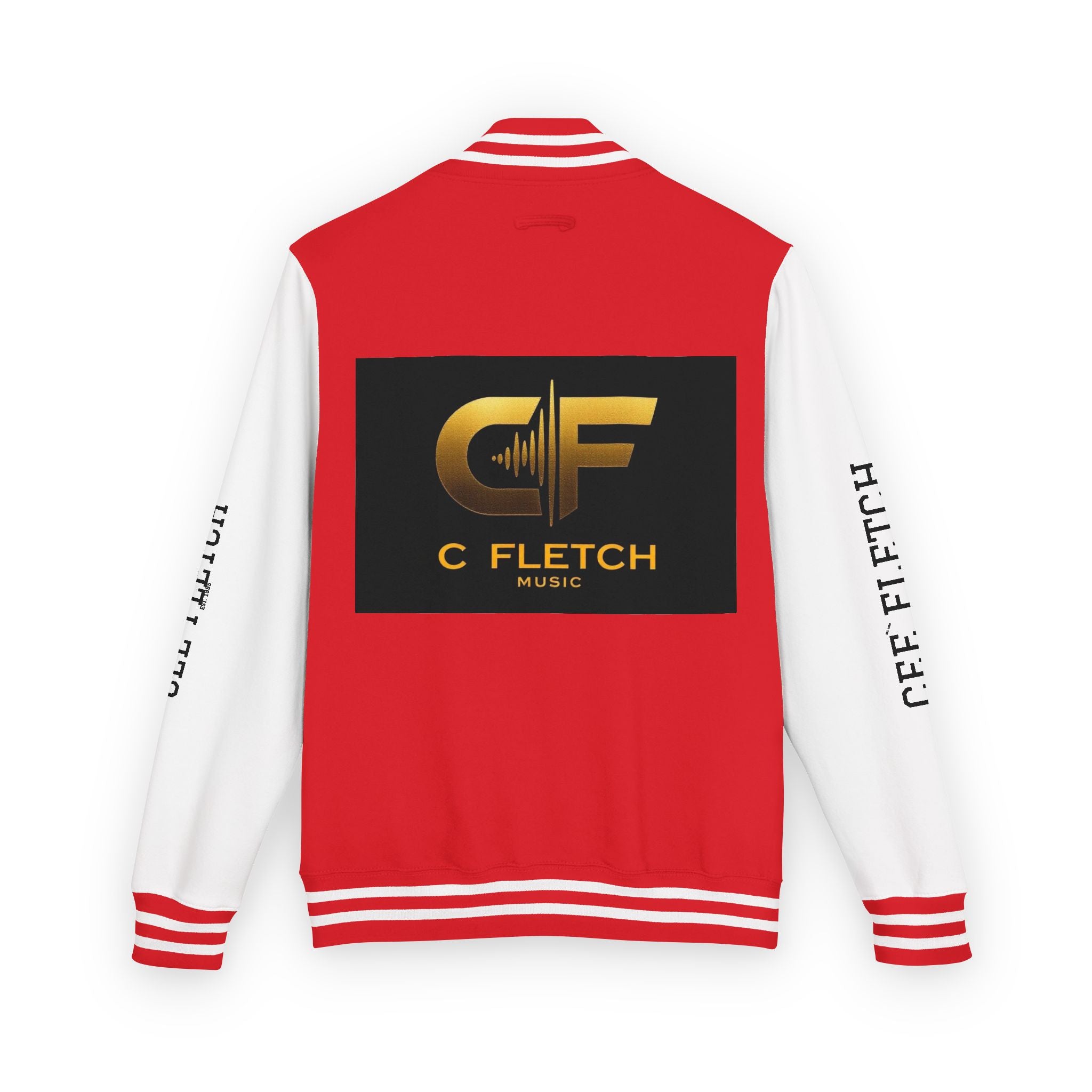 C Fletch Music Letterman Jacket — Red/White Varsity Jacket with Logo