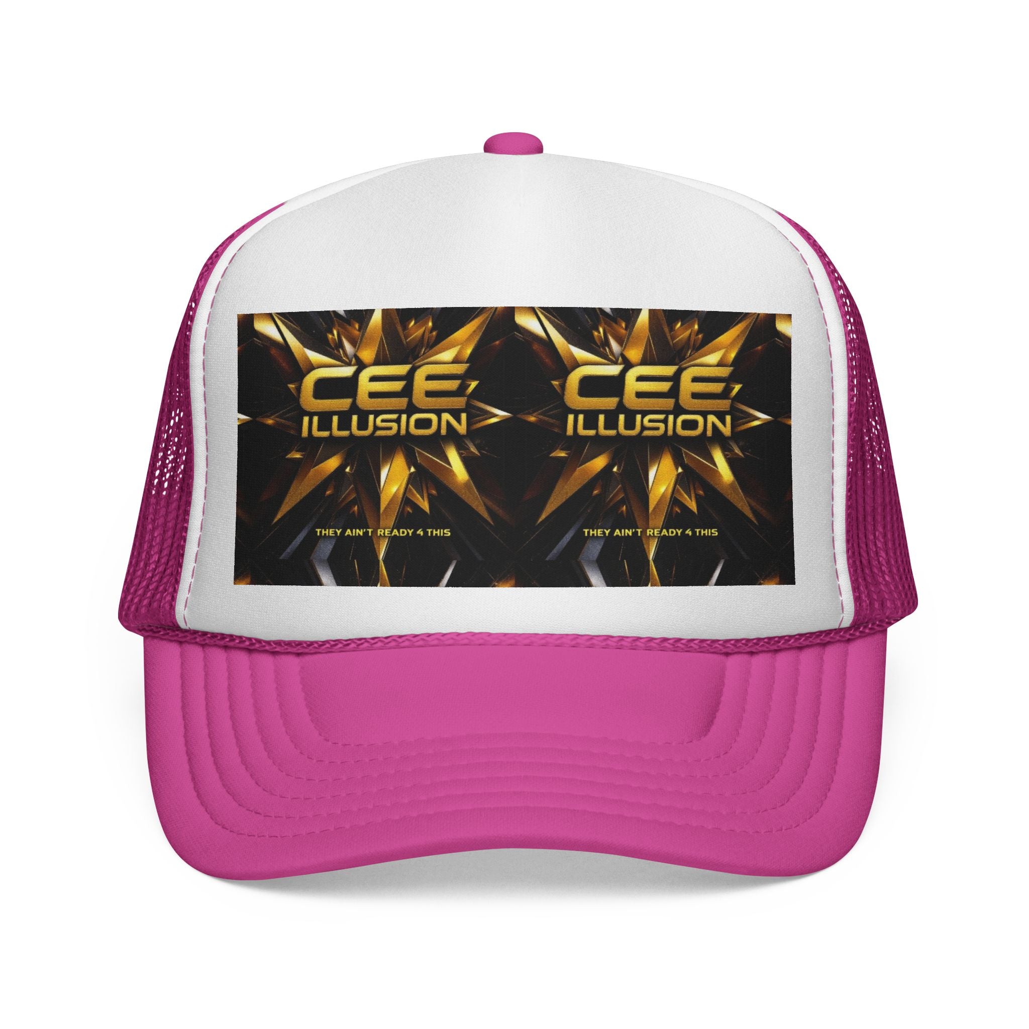 CEE ILLUSION Logo Trucker Cap — Bold Gold Graphic Mesh Hat