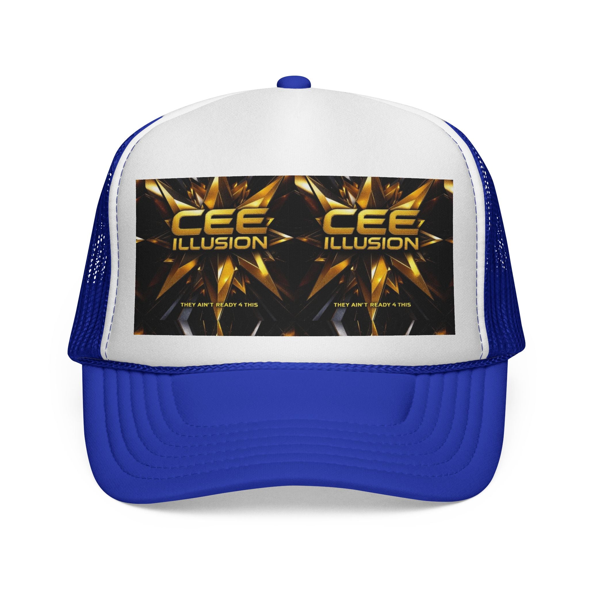CEE ILLUSION Logo Trucker Cap — Bold Gold Graphic Mesh Hat