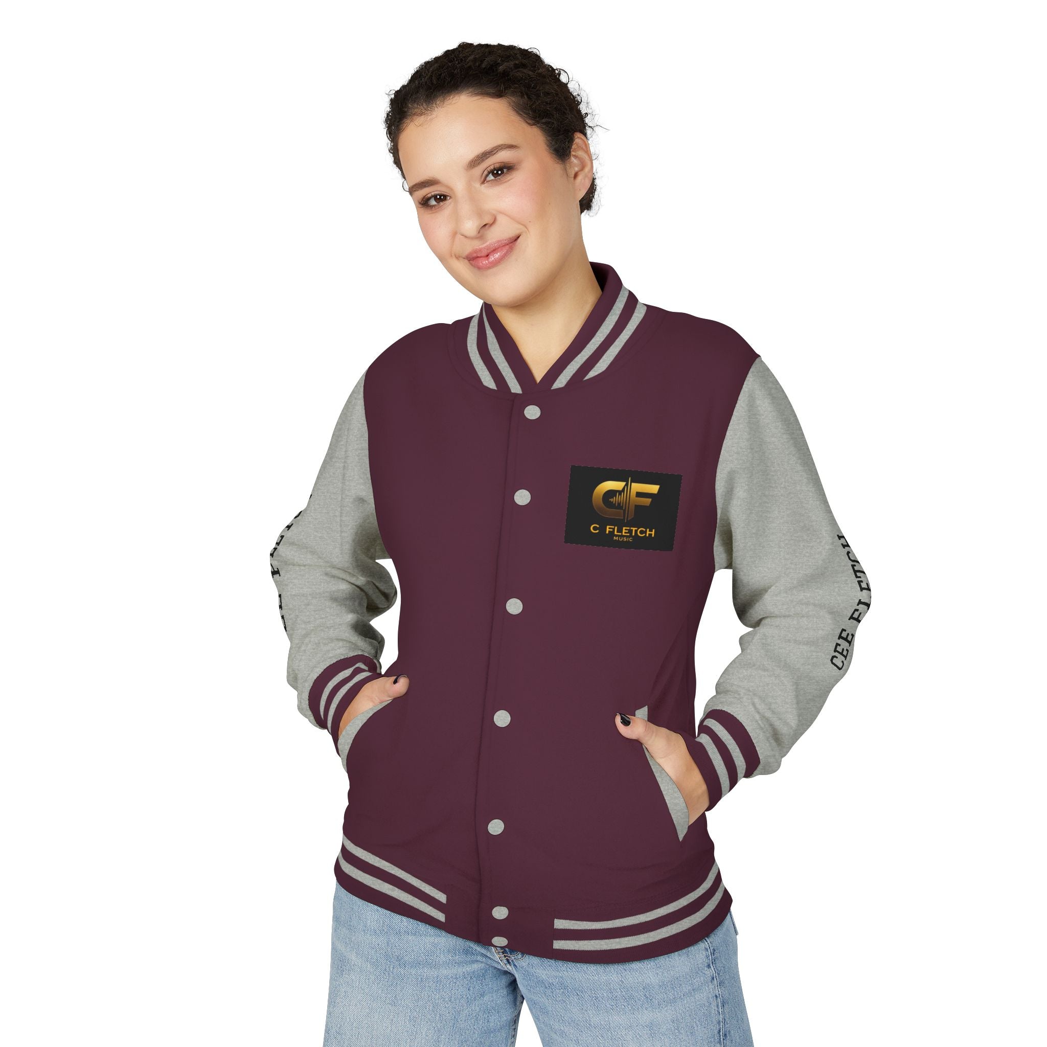 C Fletch Music Letterman Jacket — Red/White Varsity Jacket with Logo