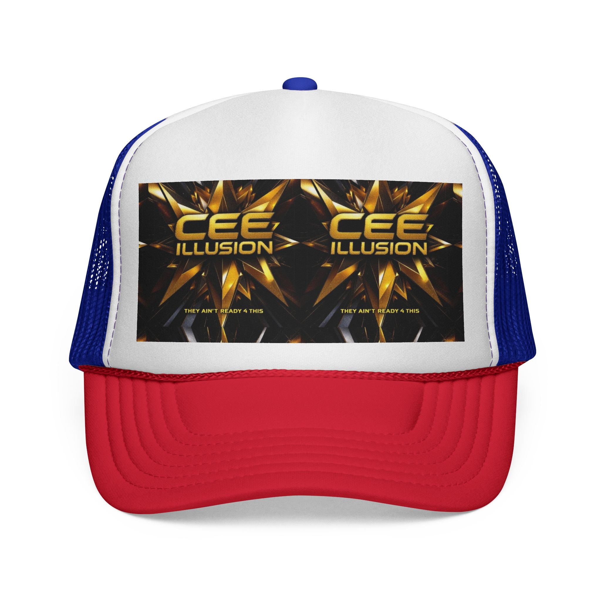 CEE ILLUSION Logo Trucker Cap — Bold Gold Graphic Mesh Hat