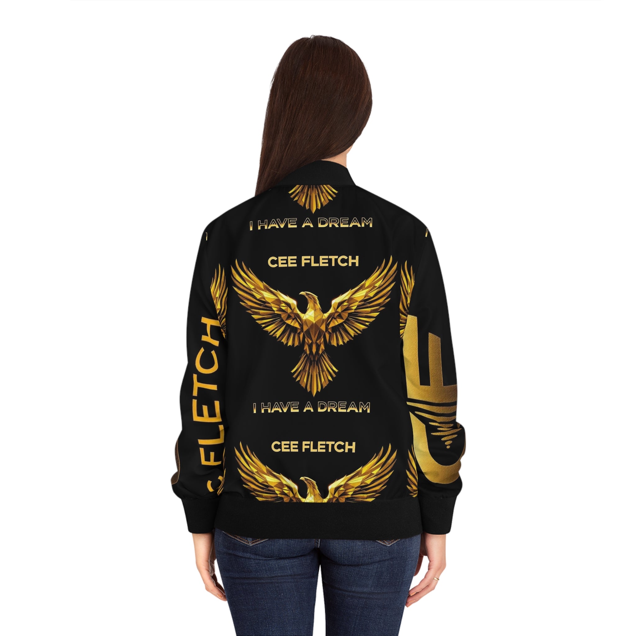 I Have a Dream Gold Eagle Bomber Jacket — Women's Black AOP