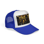 CEE ILLUSION Logo Trucker Cap — Bold Gold Graphic Mesh Hat