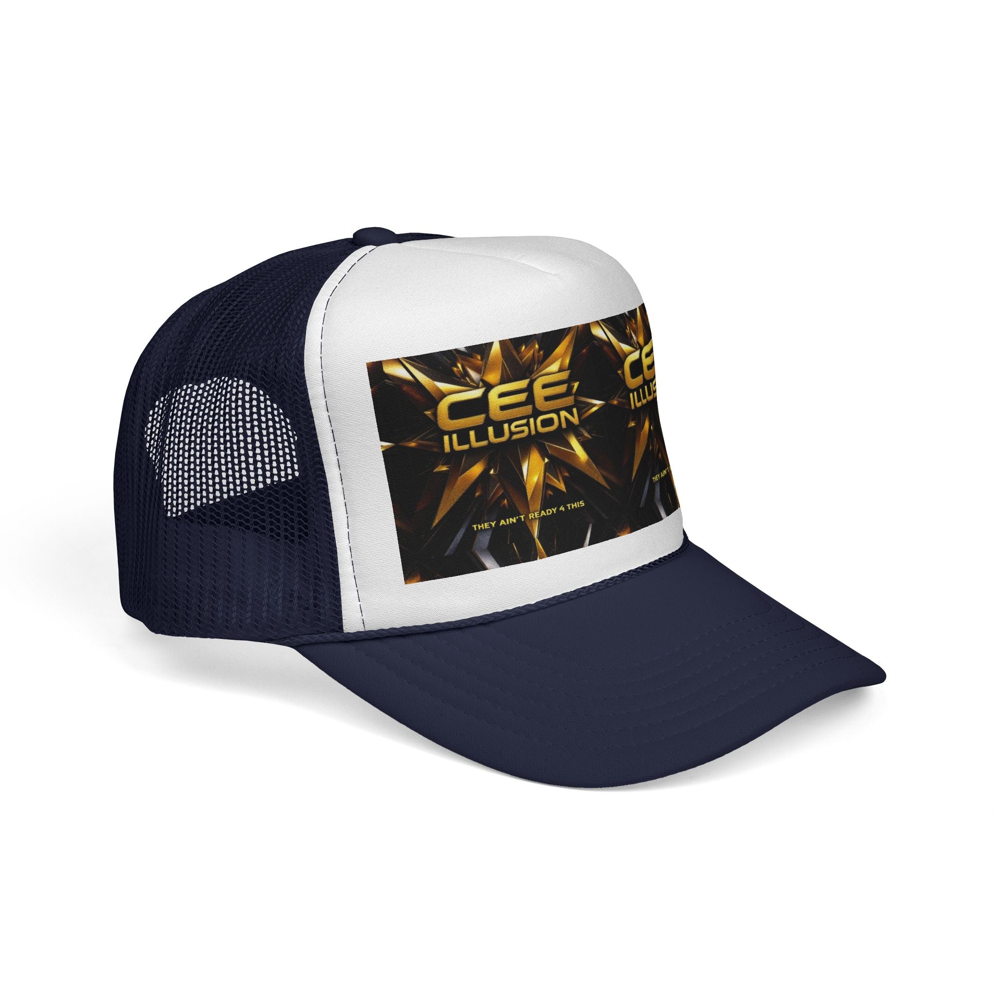 CEE ILLUSION Logo Trucker Cap — Bold Gold Graphic Mesh Hat