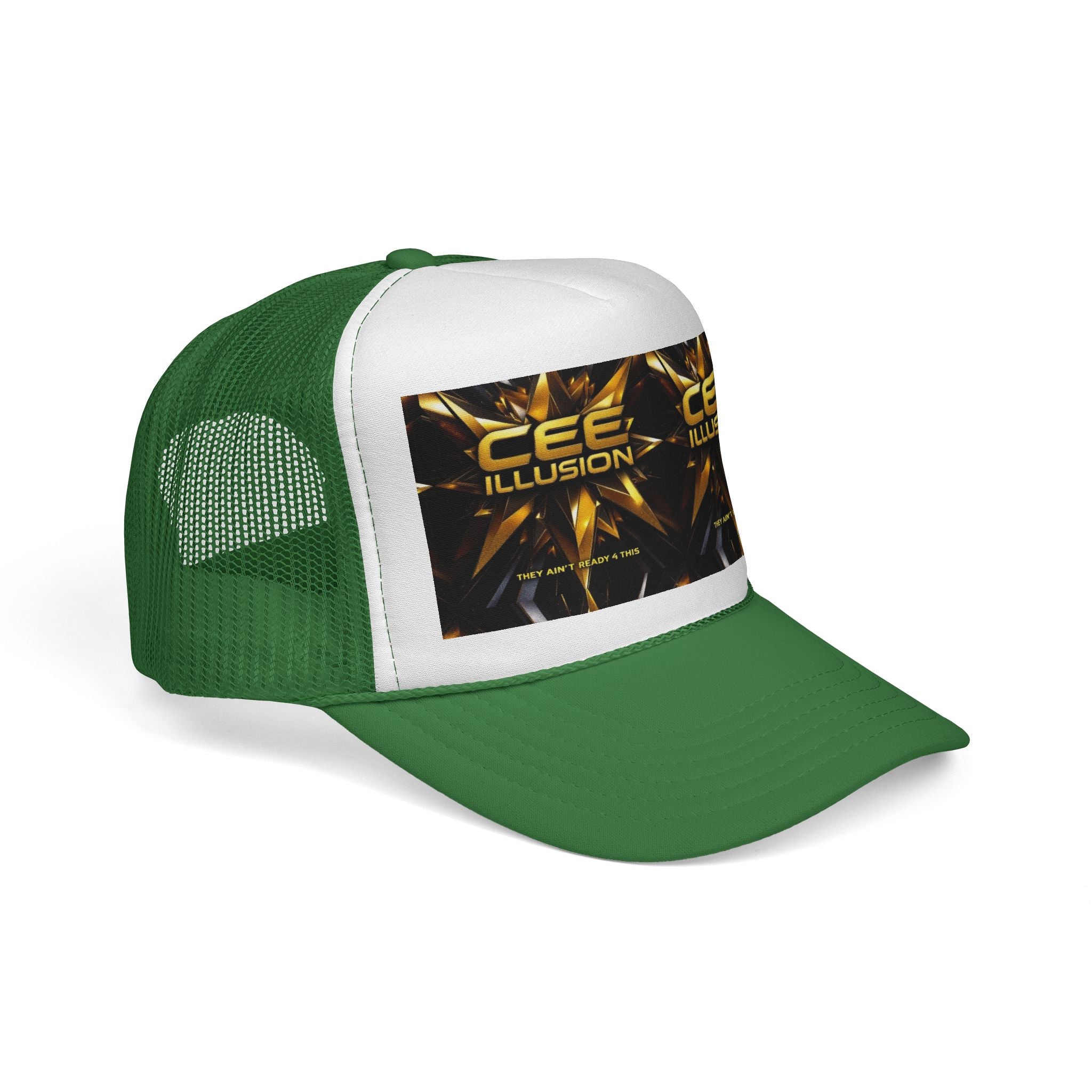 CEE ILLUSION Logo Trucker Cap — Bold Gold Graphic Mesh Hat