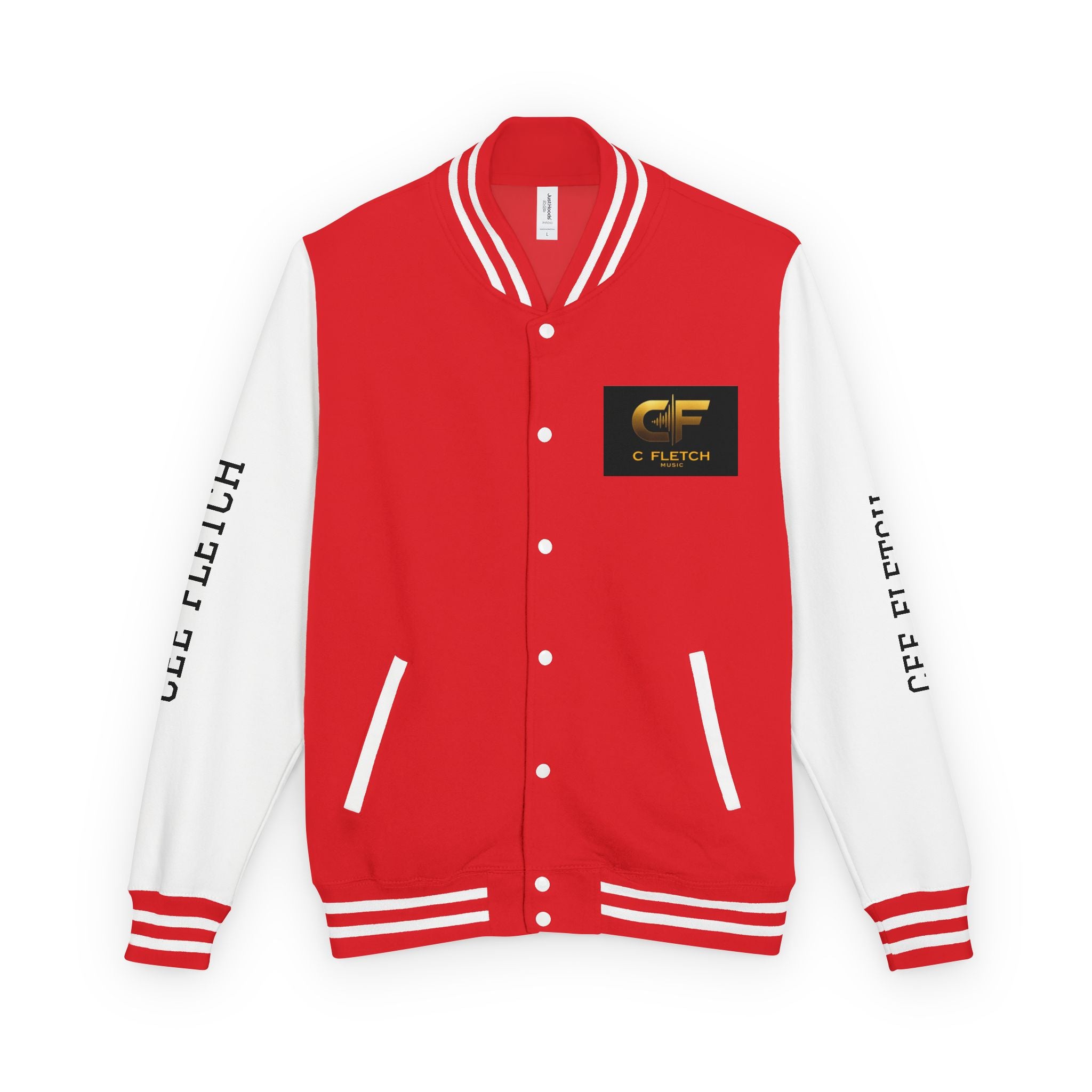 C Fletch Music Letterman Jacket — Red/White Varsity Jacket with Logo