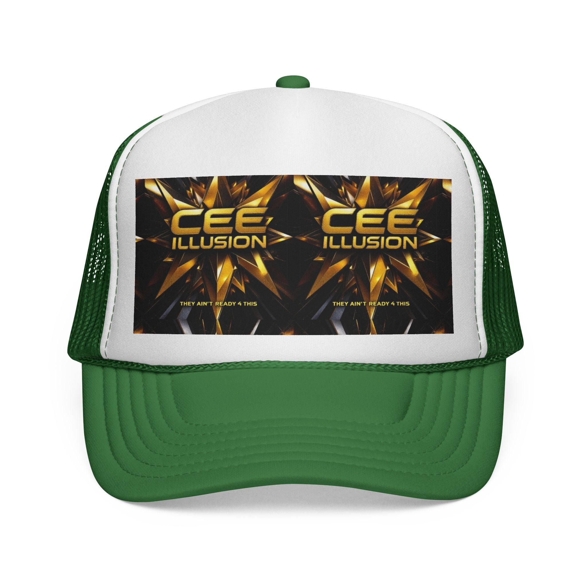 CEE ILLUSION Logo Trucker Cap — Bold Gold Graphic Mesh Hat