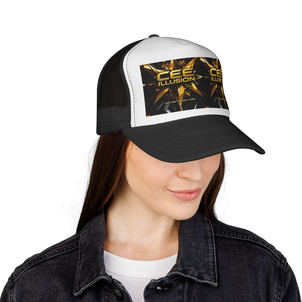 CEE ILLUSION Logo Trucker Cap — Bold Gold Graphic Mesh Hat