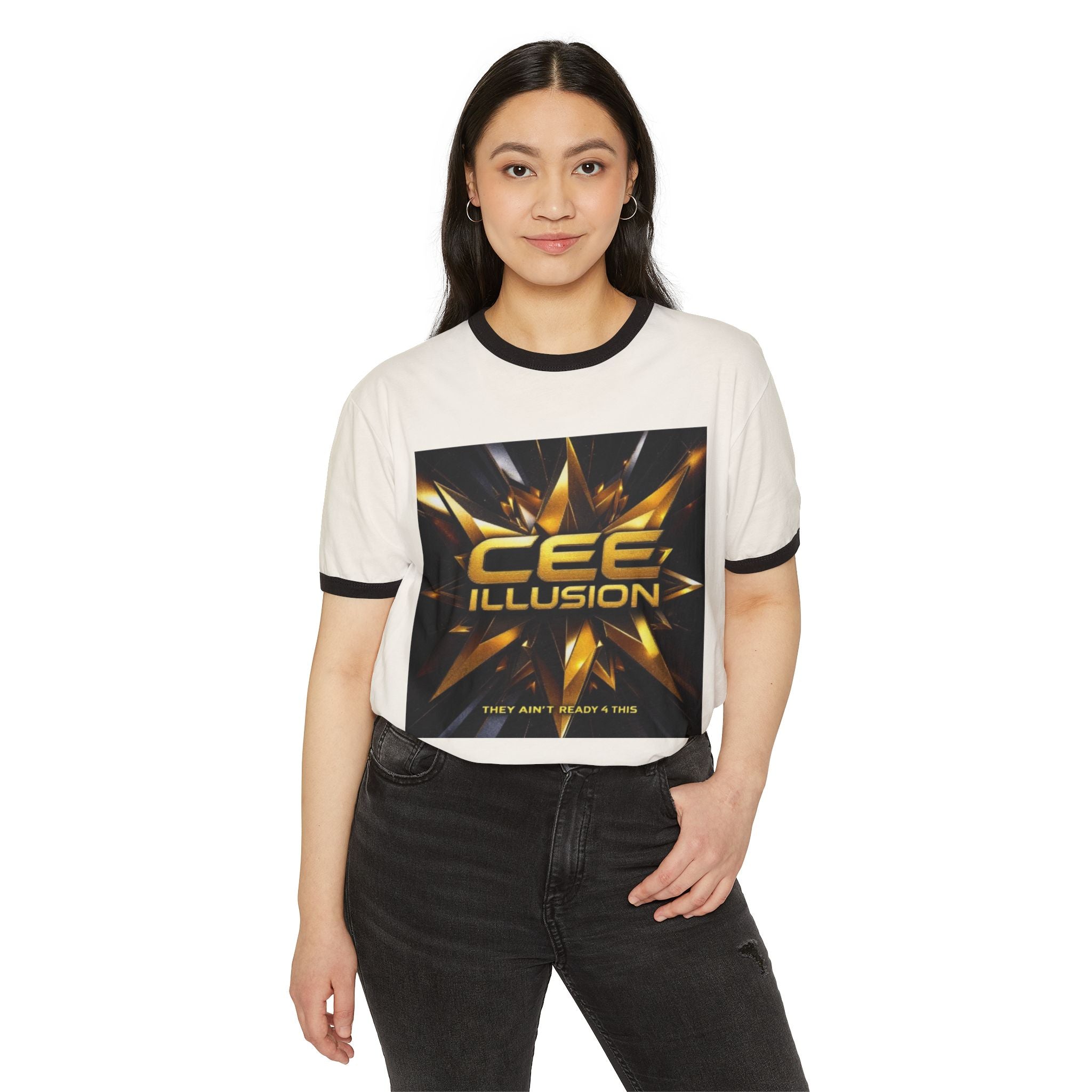 Illusion Logo Ringer T-Shirt — Bold Gold Graphic Tee