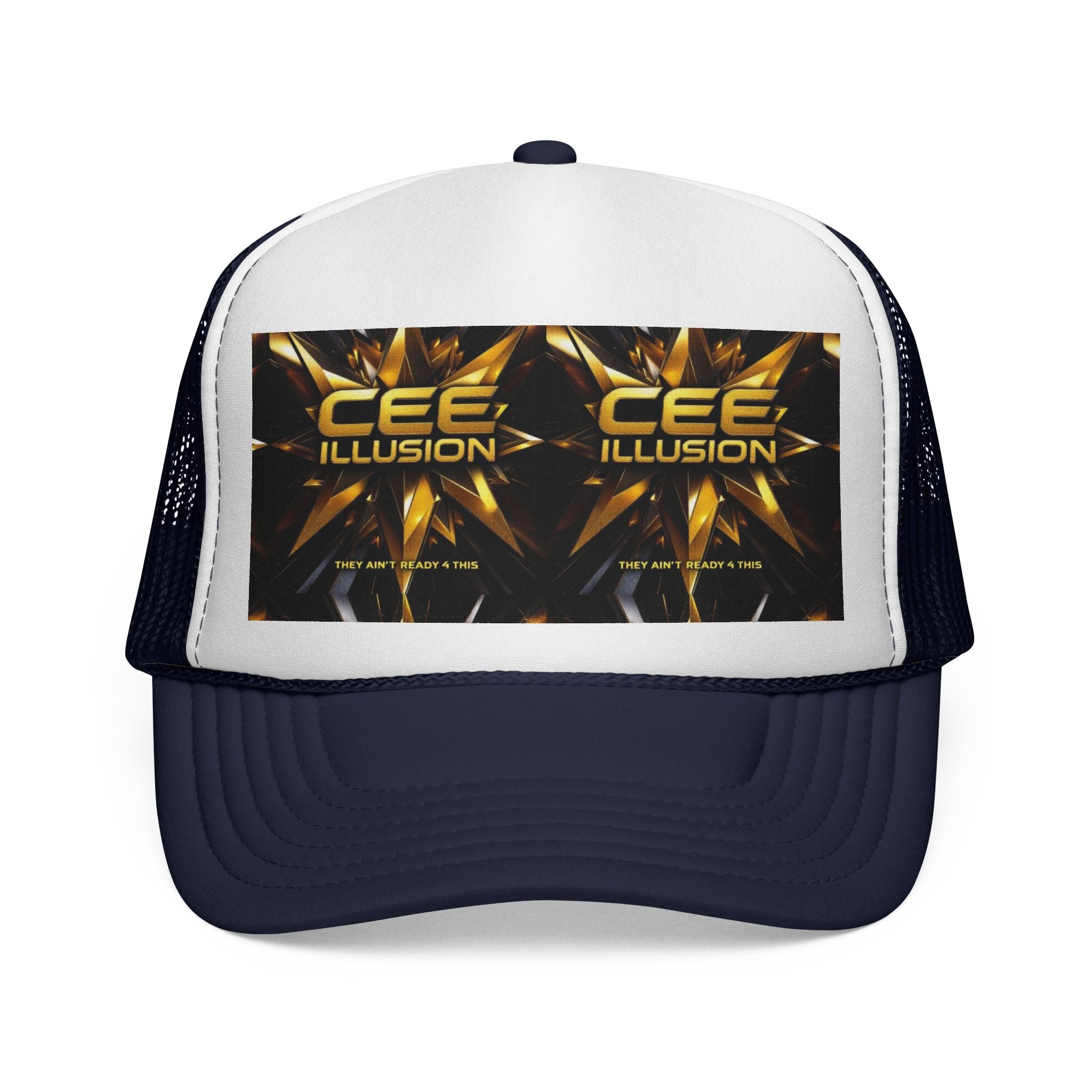 CEE ILLUSION Logo Trucker Cap — Bold Gold Graphic Mesh Hat