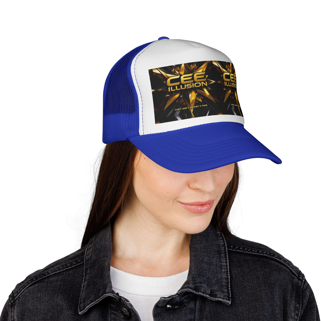 CEE ILLUSION Logo Trucker Cap — Bold Gold Graphic Mesh Hat