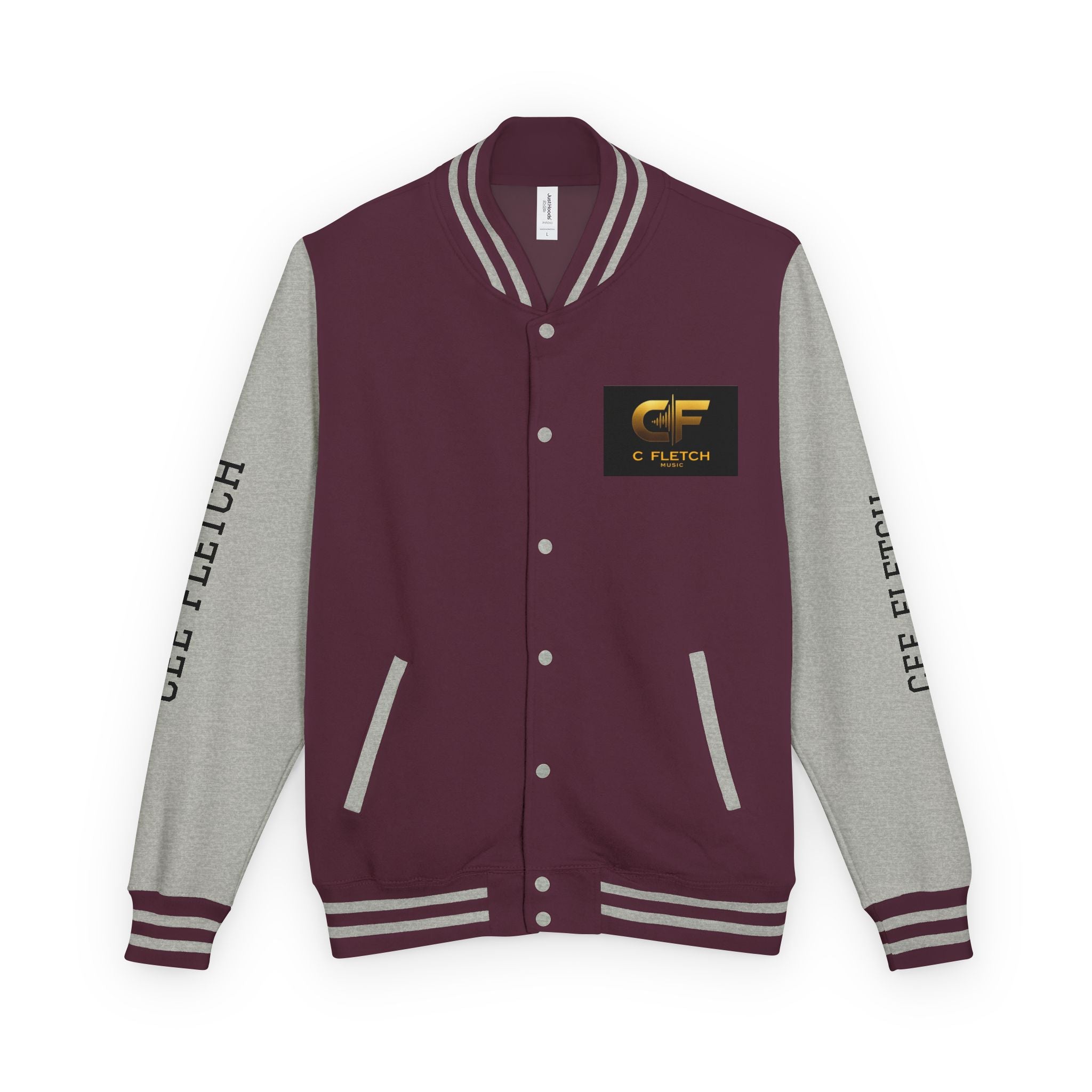 C Fletch Music Letterman Jacket — Red/White Varsity Jacket with Logo