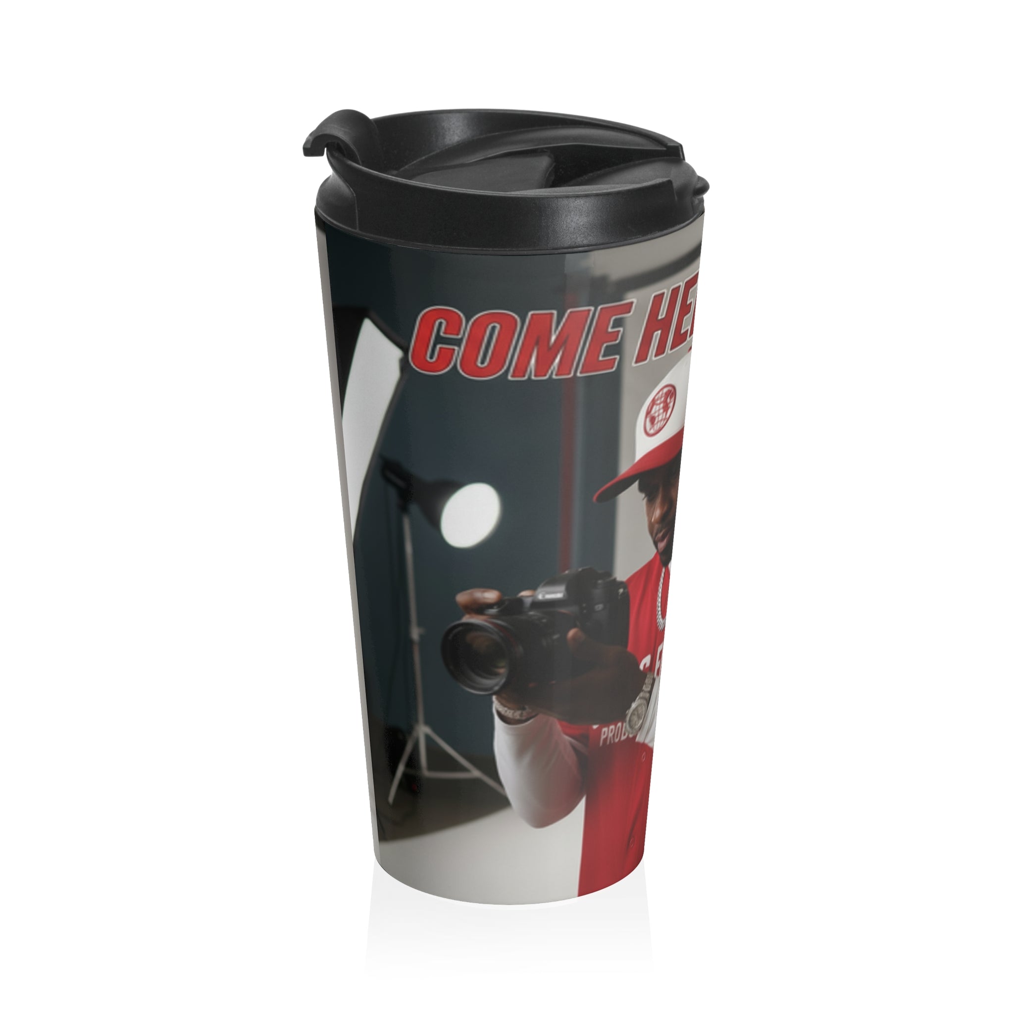 Stainless Steel Travel Mug — 'We Here Sexy' Music Artist Photo Travel Mug