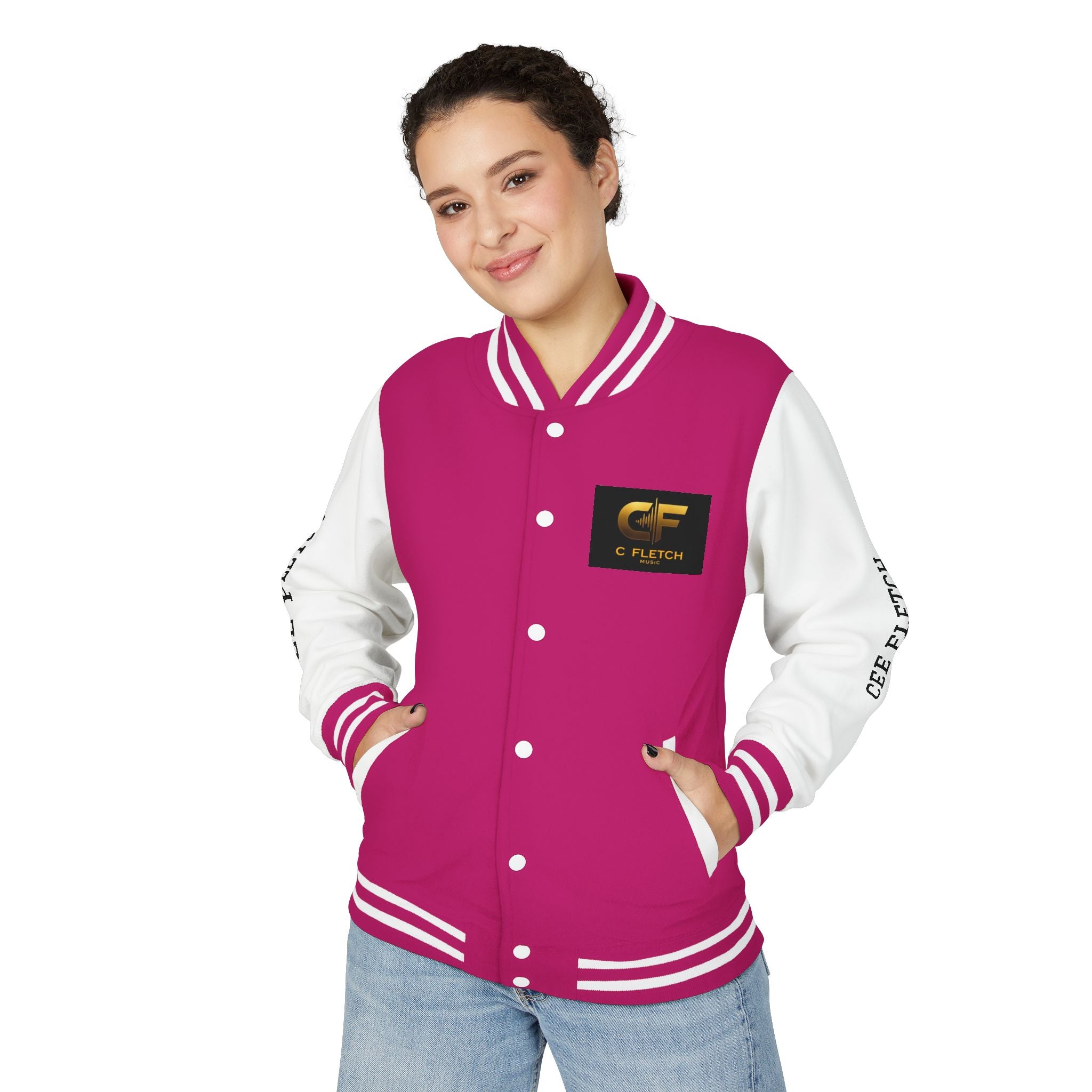 C Fletch Music Letterman Jacket — Red/White Varsity Jacket with Logo