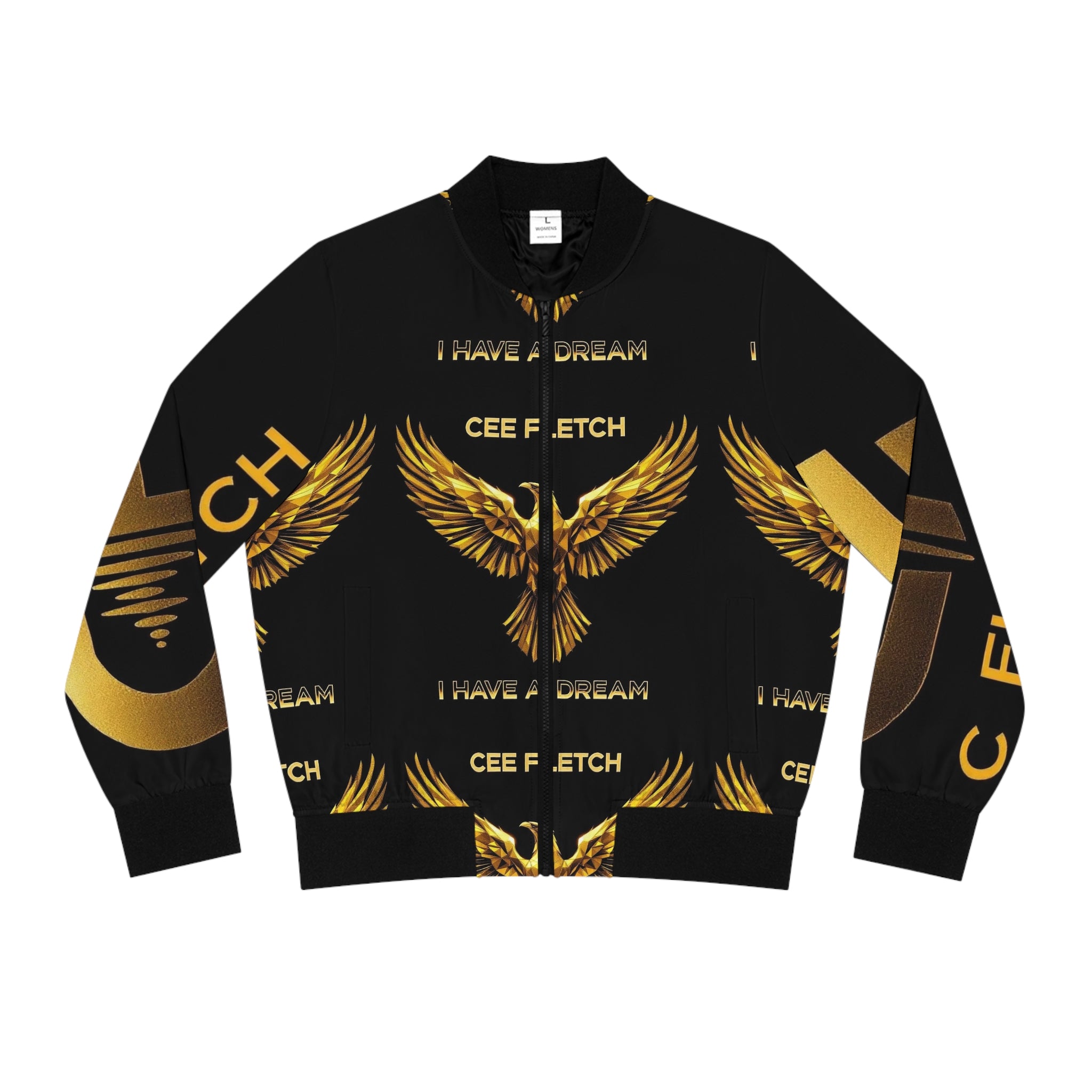 I Have a Dream Gold Eagle Bomber Jacket — Women's Black AOP